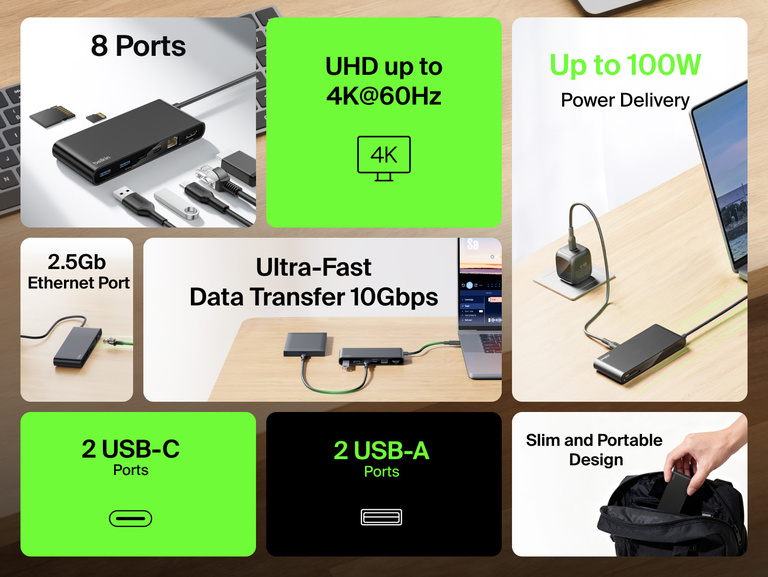 Belkin Connect 8-Port USB-C Hub with 2.5Gb Ethernet shown on desk highlighting 100W power delivery, 10Gbps data transfer, 4K display support, and slim portable design with multiple USB-C, USB-A, and Ethernet ports for expanded connectivity.